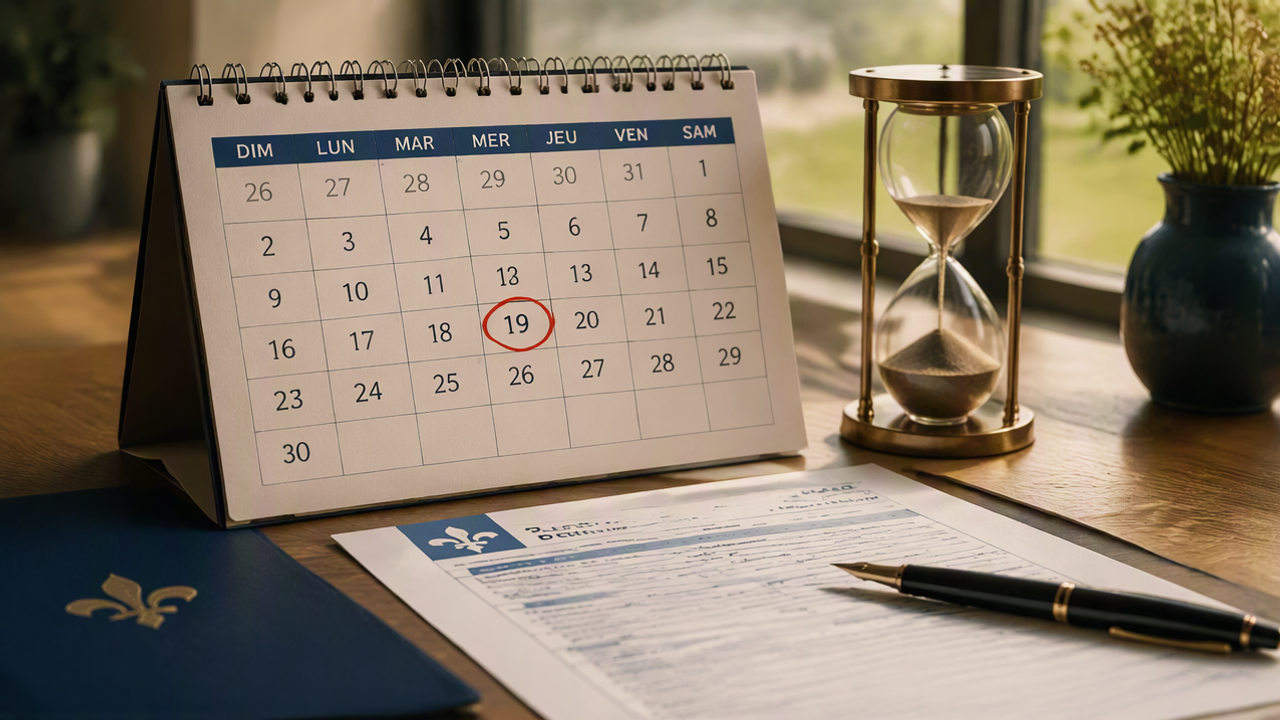 Calendrier de bureau avec le 19 encerclé en rouge, un sablier et un formulaire officiel québécois, illustration de l'épisode 48 des Cousins d'Amérique