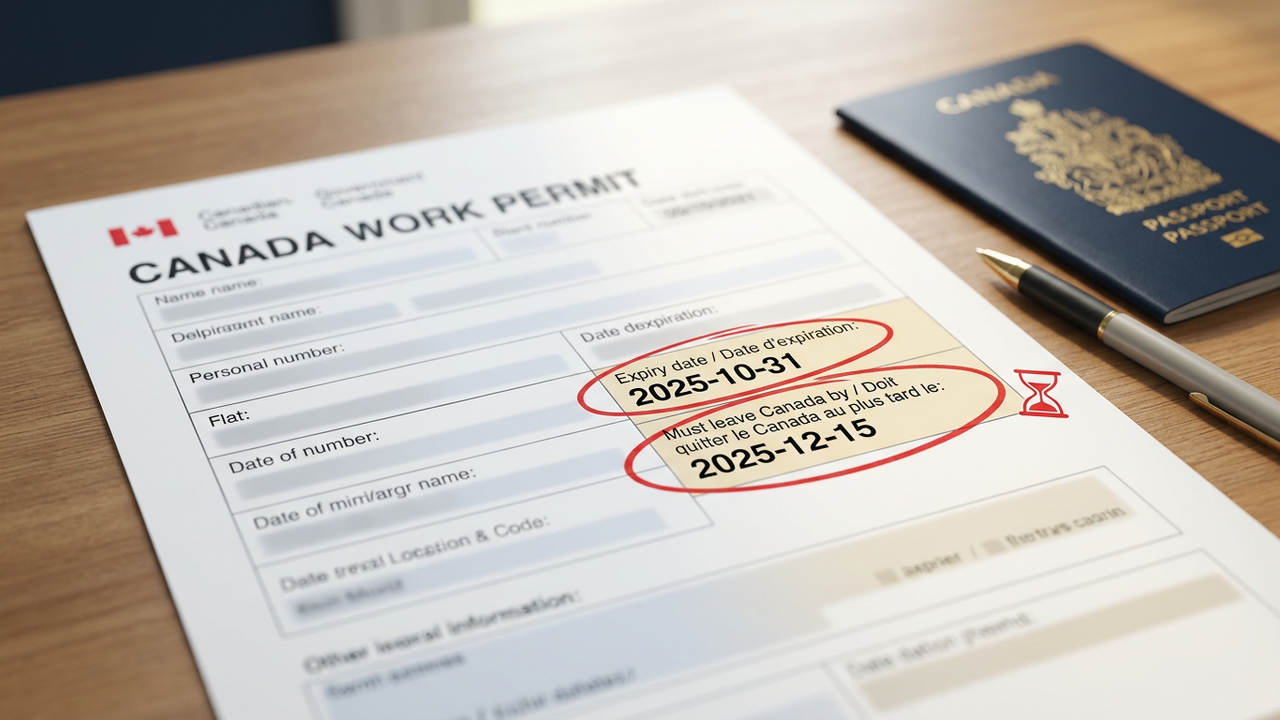 Permis de travail canadien avec deux champs distincts encerclés en rouge : date d'expiration et date « Doit quitter le Canada au plus tard le », illustration de l'épisode 49 des Cousins d'Amérique
