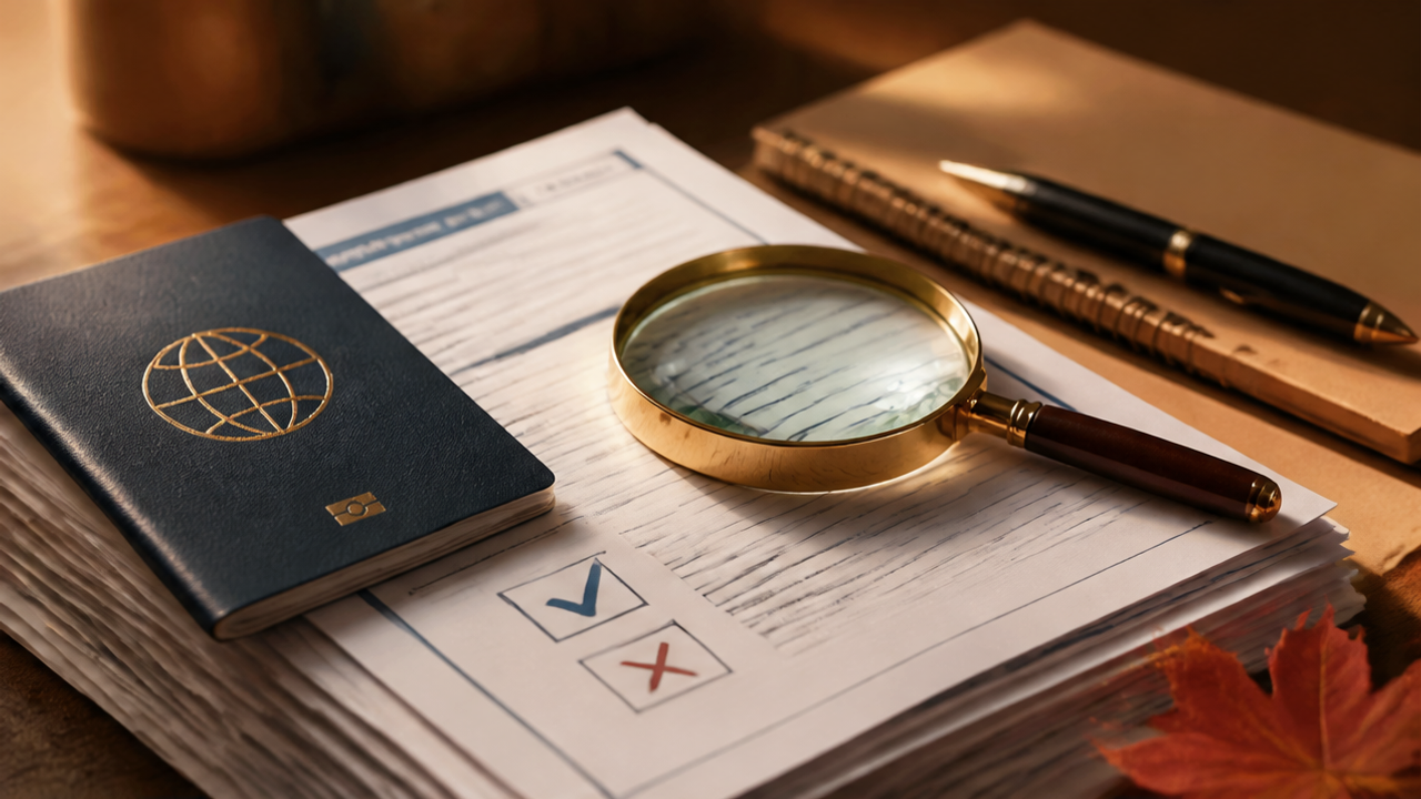 Passeport, documents officiels et loupe avec une case cochée et une case barrée, illustration de l'épisode 47 des Cousins d'Amérique
